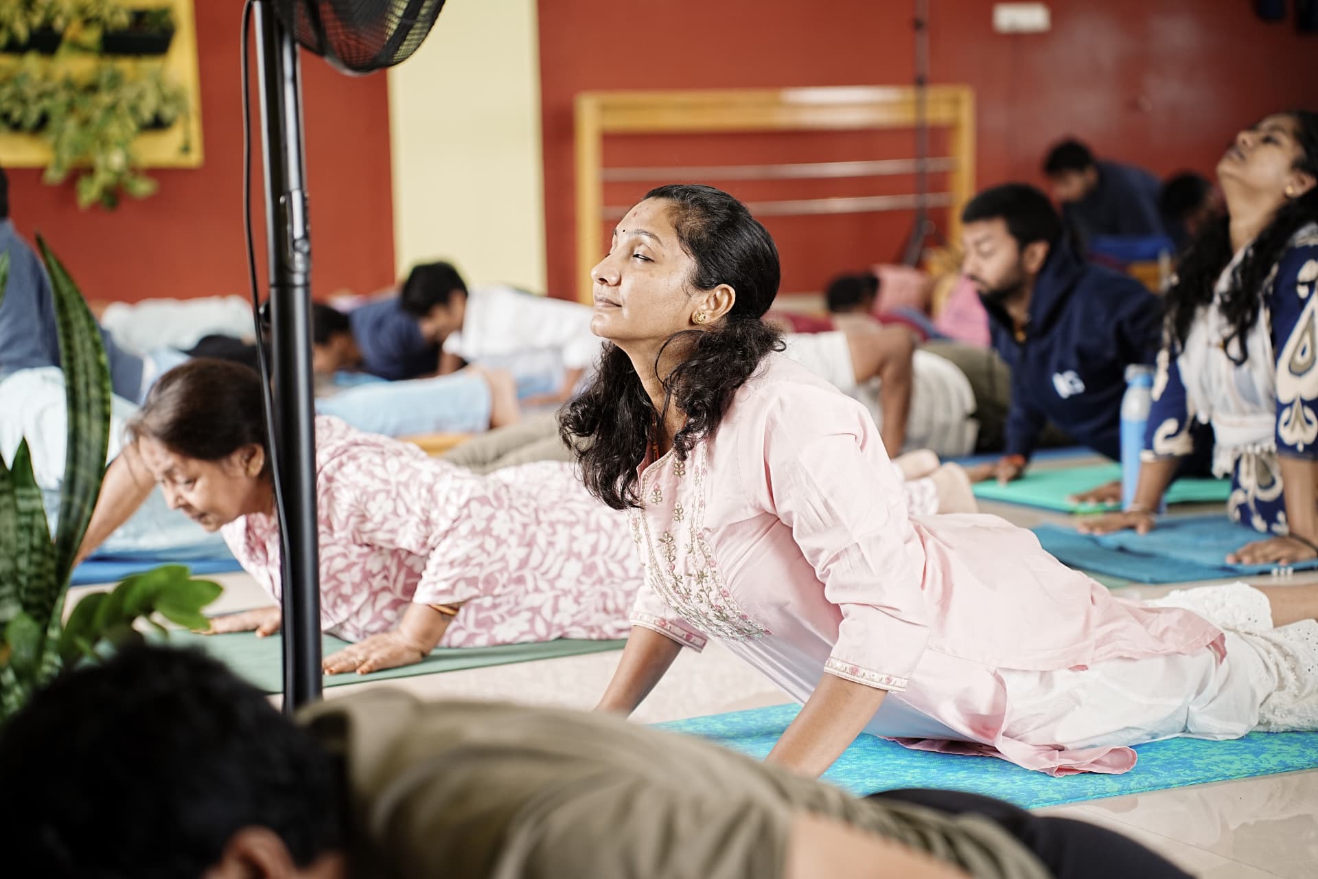 Students practising bhujangasana together on mats in the studio