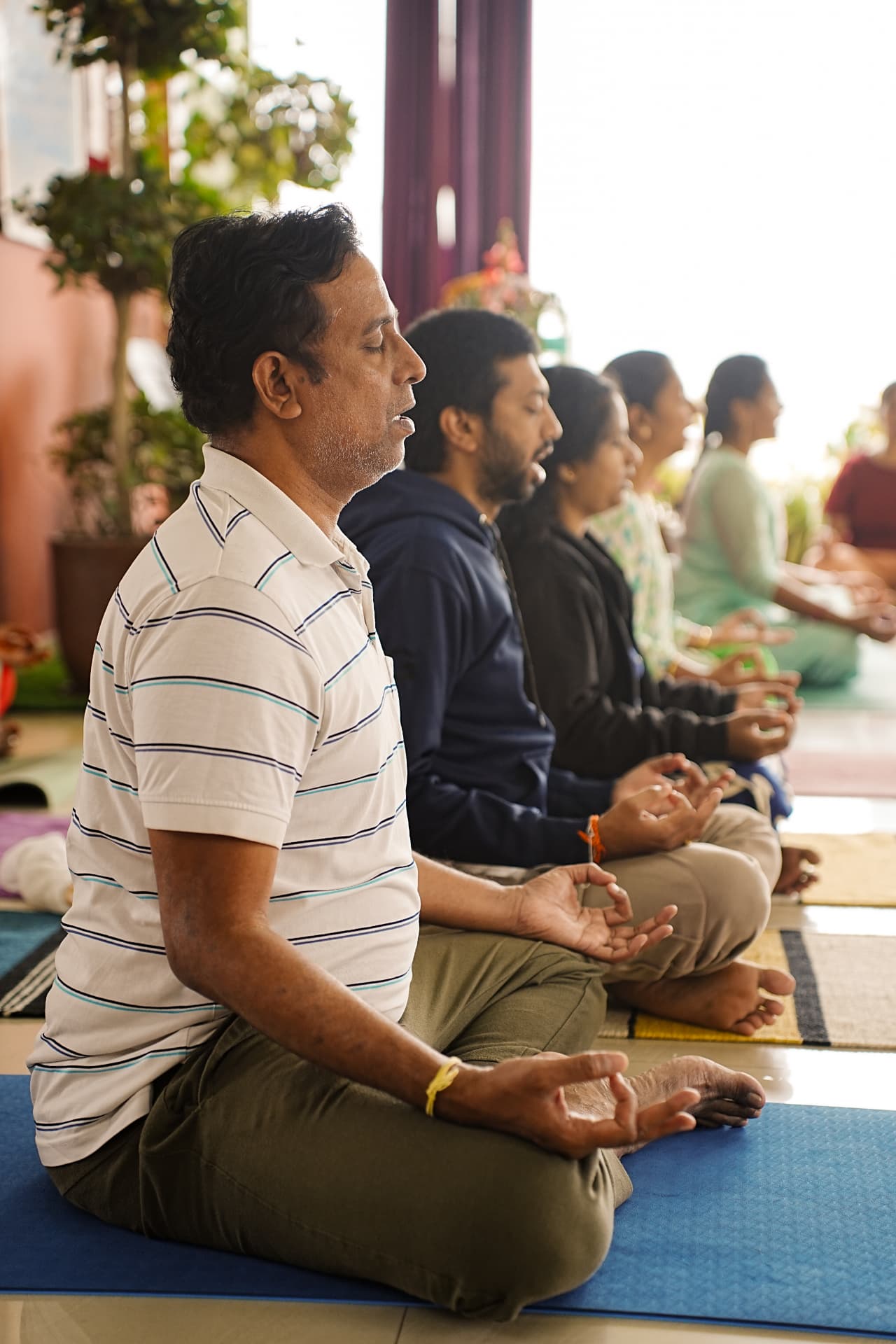 Students seated in meditation in a row during a morning practice